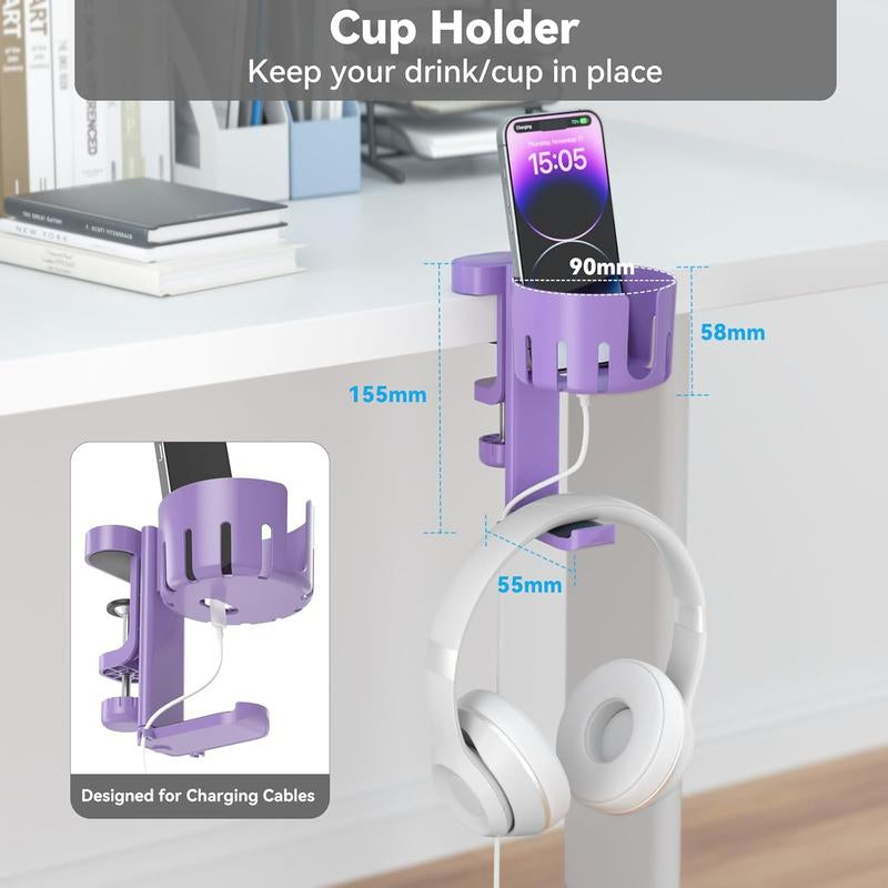 2 in 1 Headphone Hanger with Desk Cup Holder - under Desk Clamp Rotatable Headset Holder - Suitable for Coffee Mups, Water Cups, Headphone