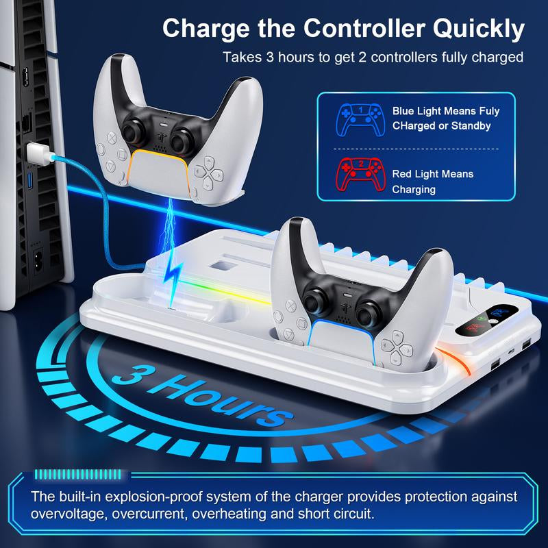 Ponkor PS5 Cooling and Charging Dock, Compatible with Playstation 5 Standard, Slim and Pro Consoles (Disc & Digital), Featuring Dual PS5 Controller Charger, Adjustable 3-Speed Cooling Fan, 8 Modes Dynamic RGB Lighting, Headset Hook & 3 USB Hubs