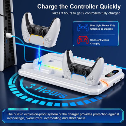 Ponkor PS5 Cooling and Charging Dock, Compatible with Playstation 5 Standard, Slim and Pro Consoles (Disc & Digital), Featuring Dual PS5 Controller Charger, Adjustable 3-Speed Cooling Fan, 8 Modes Dynamic RGB Lighting, Headset Hook & 3 USB Hubs