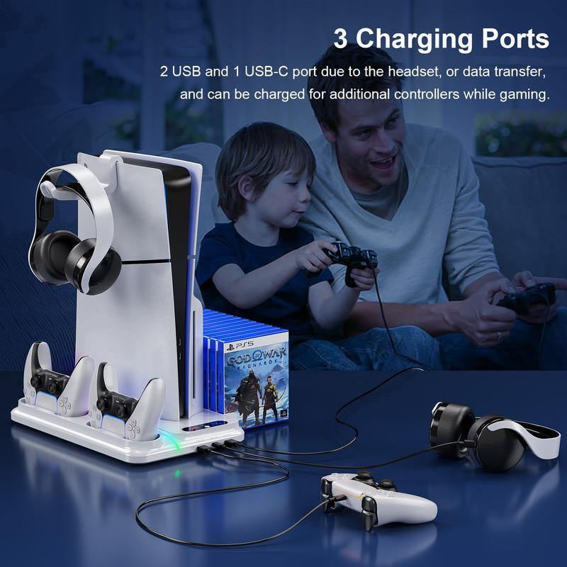 Ponkor PS5 Cooling and Charging Dock, Compatible with Playstation 5 Standard, Slim and Pro Consoles (Disc & Digital), Featuring Dual PS5 Controller Charger, Adjustable 3-Speed Cooling Fan, 8 Modes Dynamic RGB Lighting, Headset Hook & 3 USB Hubs