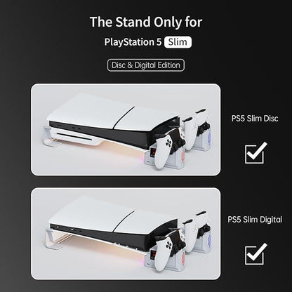 Hosanwell PS5 SLIM Horizontal Stand Compatible with PS5 (SLIM) Disc & Digital Version Dual Use Charging Station with Multi-Mode RGB Light with 3-Level Coolingfan,Compact Gamepad Sponge Video Game Console Playstation5 SLIM Wireless Smartphone Controller