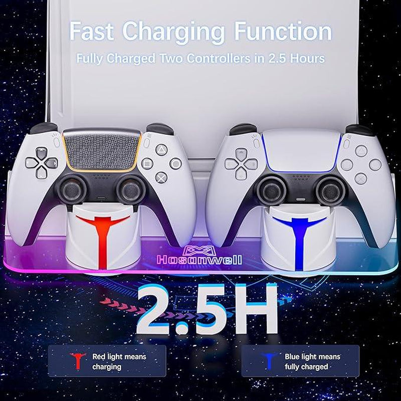 Hosanwell PS5 Universal Wall Mount Kit with Charging Station, Compatible with PS5 Pro and PS5 Slim Disc, PS5 Digital Edition, PS5 Normal Version, Dual Purpose Charging Station with Multi-Mode RGB Light, White, Amazon Best Seller
