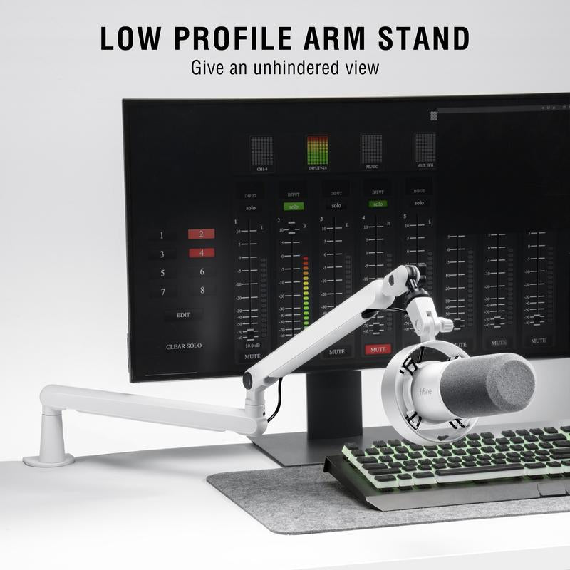 FIFINE Low Profile Podcast Microphone Stand, BM88 Gaming Mic Boom Arm with Desk Mount, Cable Channels Management, Adjustable Metal Boom Arm White for Recording/Streaming/Gaming/Home Office