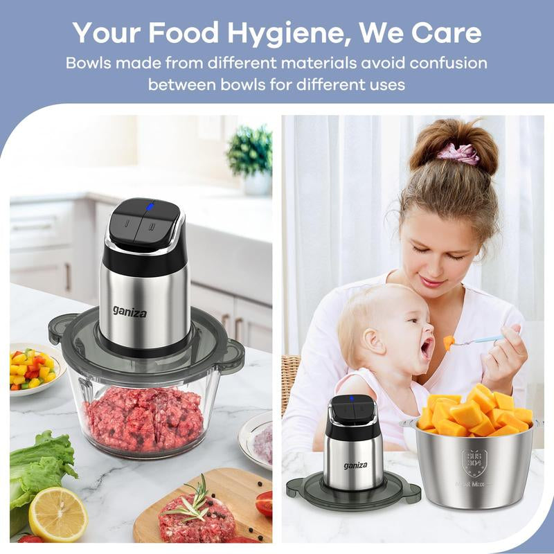 Big Promotion88Ganiza Food Processor, 2-Speed Food Chopper Meat Grinder with 8 Cup Stainless Steel & 8 Cup Glass Bowls, Upgraded Button & Smart Overheat Protection Light - Includes Clean Brush, 2 Sets of Blades