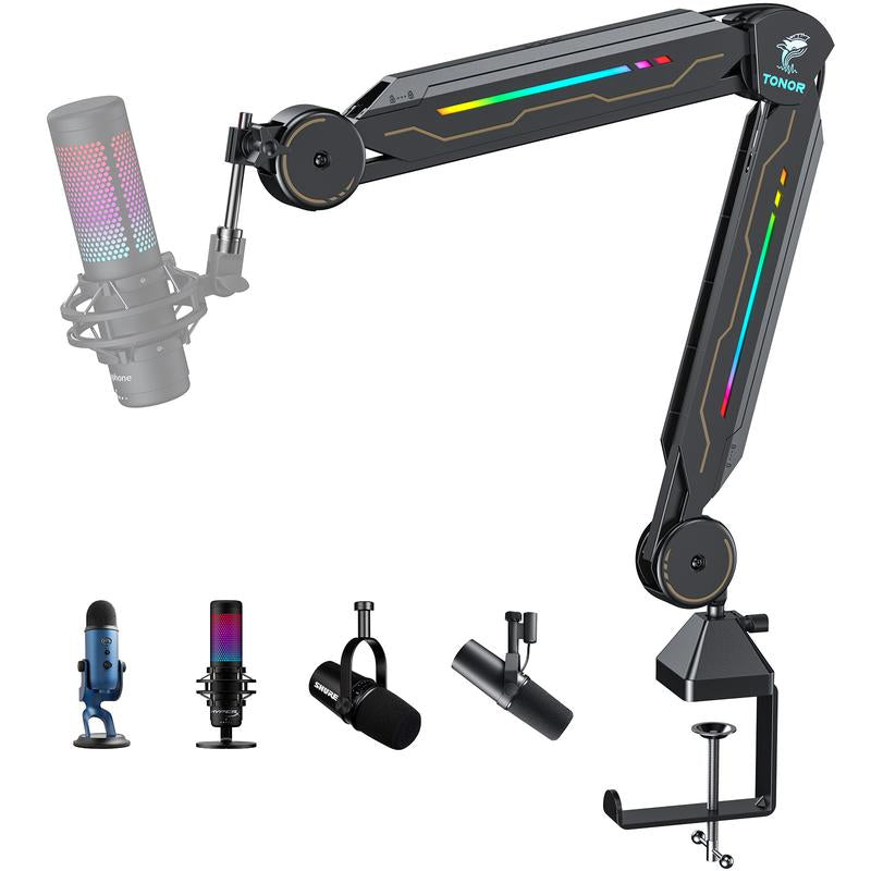 TONOR T90/T20S RGB Boom Arm, Adjustable Mic Stand with 11 Light Modes for Gaming, Streaming, Podcasting, and Recording, Durable Steel Usb Cable