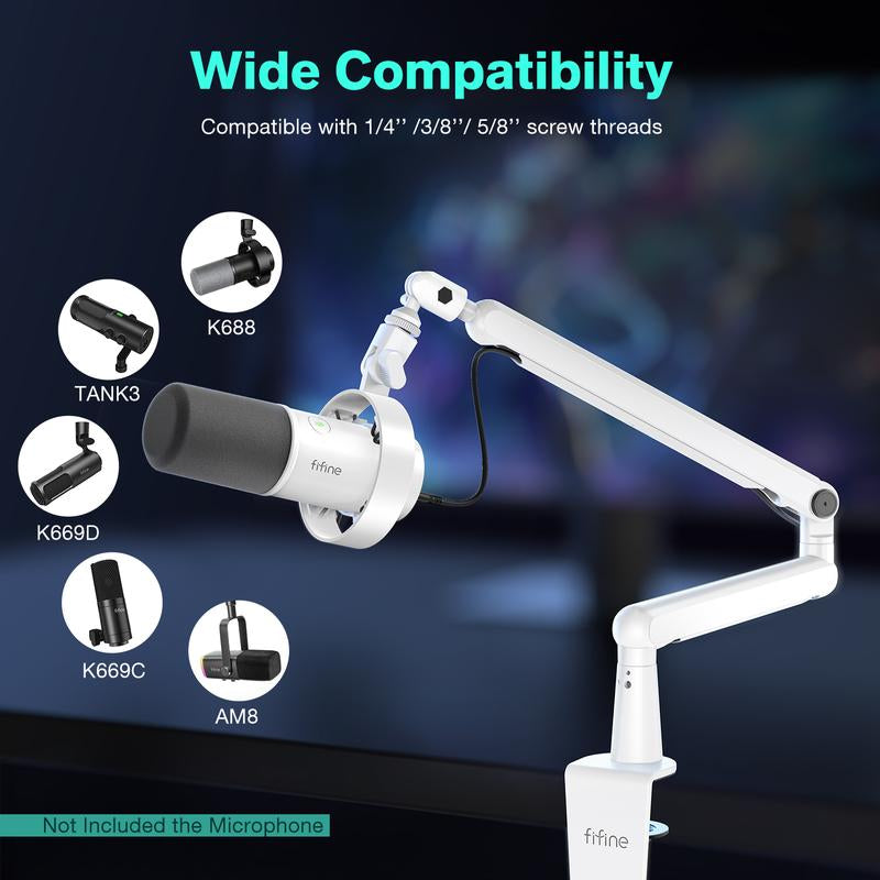 FIFINE Low Profile Podcast Microphone Stand, BM88 Gaming Mic Boom Arm with Desk Mount, Cable Channels Management, Adjustable Metal Boom Arm White for Recording/Streaming/Gaming/Home Office