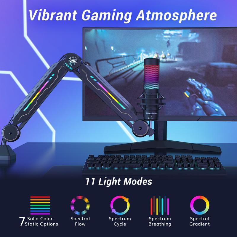TONOR T90/T20S RGB Boom Arm, Adjustable Mic Stand with 11 Light Modes for Gaming, Streaming, Podcasting, and Recording, Durable Steel Usb Cable