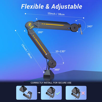 TONOR T90/T20S RGB Boom Arm, Adjustable Mic Stand with 11 Light Modes for Gaming, Streaming, Podcasting, and Recording, Durable Steel Usb Cable
