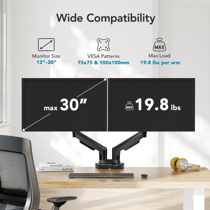 HUANUO Gas Spring Monitor Arm Mount for Gaming & Office, Supports Monitors Max 32" Ultrawide, C-Clamp & Grommet Mounting Single/Dual Arm Monitor Arm Adjustable Arm Height Desk Mount