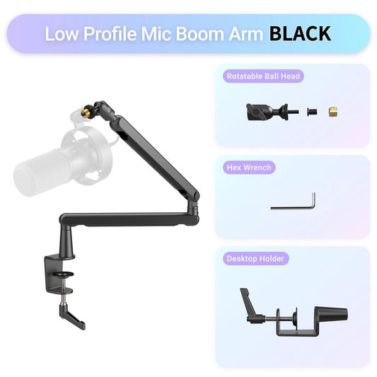 FIFINE Low Profile Podcast Microphone Stand, BM88 Gaming Mic Boom Arm with Desk Mount, Cable Channels Management, Adjustable Metal Boom Arm White for Recording/Streaming/Gaming/Home Office