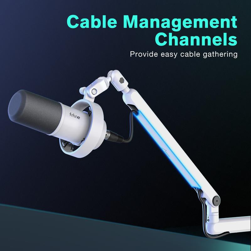 FIFINE Low Profile Podcast Microphone Stand, BM88 Gaming Mic Boom Arm with Desk Mount, Cable Channels Management, Adjustable Metal Boom Arm White for Recording/Streaming/Gaming/Home Office