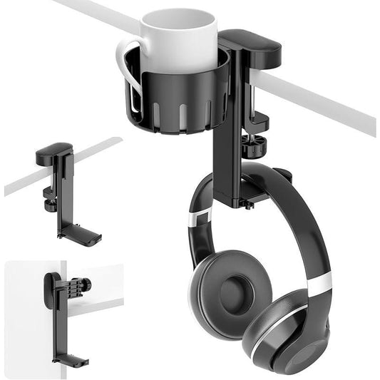2 in 1 Headphone Hanger with Desk Cup Holder - under Desk Clamp Rotatable Headset Holder - Suitable for Coffee Mups, Water Cups, Headphone