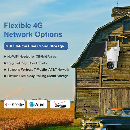 4G LTE Solar Camera Security, No Wifi Outdoor Wireless, 2.5K Spotlight Night Vision, Motion Alert, Sd/Cloud Storage, SIM Included, Affordable Home Surveillance, 360 Camera, Pumping Room Camera