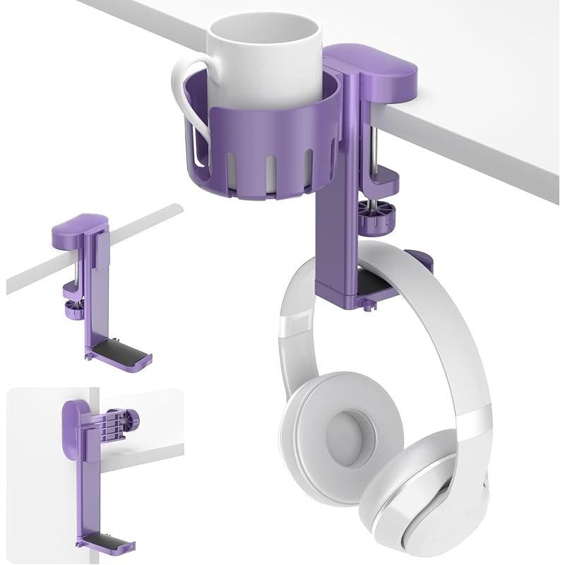 2 in 1 Headphone Hanger with Desk Cup Holder - under Desk Clamp Rotatable Headset Holder - Suitable for Coffee Mups, Water Cups, Headphone