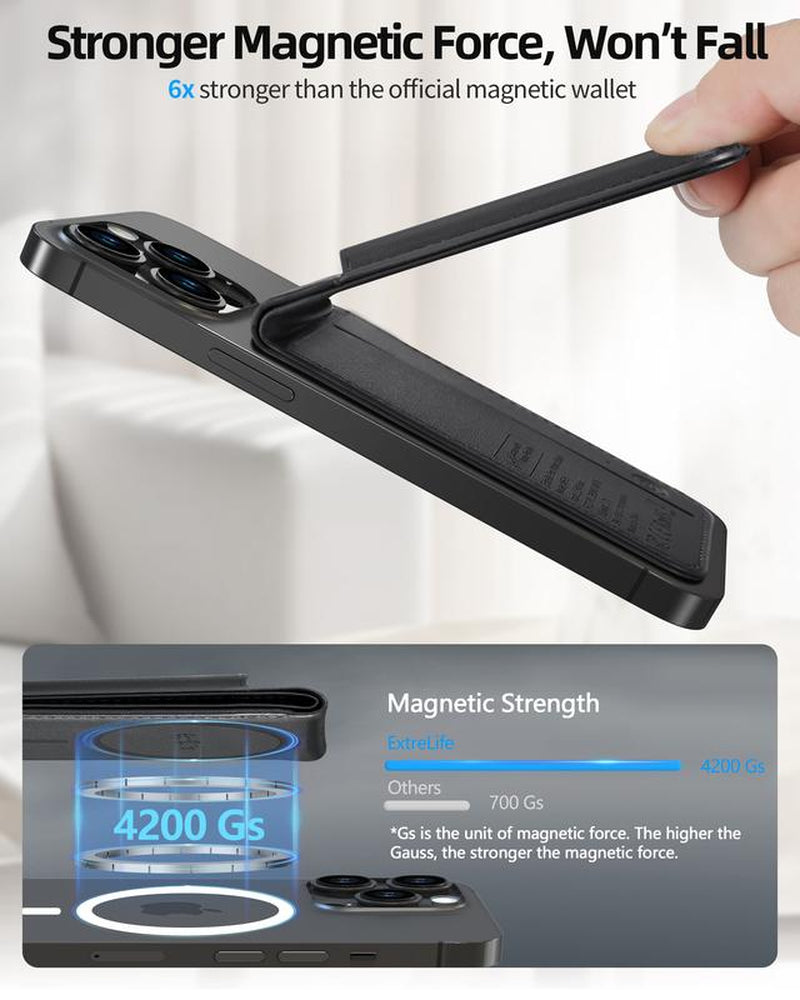 Magntic Wallet for Iphone, Works with Find My, Strongest Magnetic Wallet for Phone Wallet with Adjustable Stand, Wallet Tracker, 6 Cards Holder, Vegan Leather, Black Phone Wallet Camera Blue Smartphone Cellphone