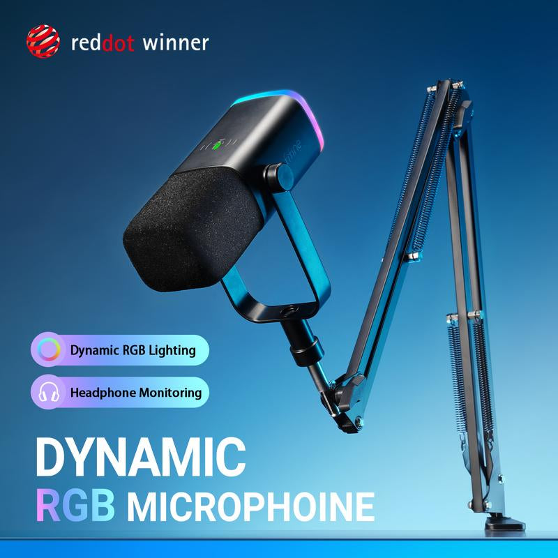 FIFINE AM8 XLR/USB Gaming Microphone with Boom Arm Stand, Dynamic PC Mic for Streaming Podcasting, Computer RGB Mic Kit, Mute Button, Headphones Jack, for Recording Vocal Voice-Over Audio, for Smartphone