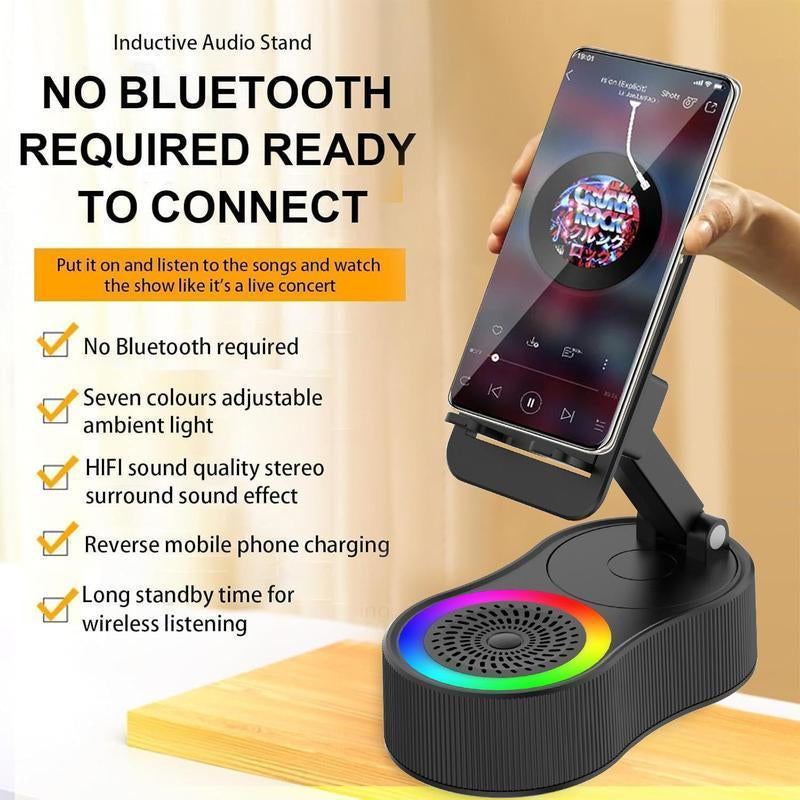 Wireless Audio Induction Bluetooth Speaker with Emergency Charging 5In1 Phone Holder Power Bank LED Nightlight for Tablet Iphone Android 5.3 Connectivity 1500Mah Battery 100Hz-20Khz Frequency Response New Design Durable Smart Device