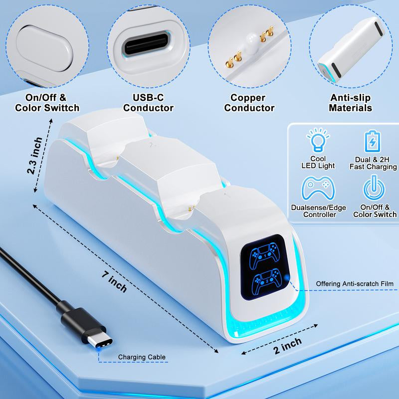 Ponkor PS5 Dual Controller Fast Charging Dock, Charge 2 Controllers Simultaneously, 6 RGB Modes, Overcharge Protection, Compatible with Dualsense & Dualsense Edge