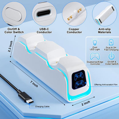 Ponkor PS5 Dual Controller Fast Charging Dock, Charge 2 Controllers Simultaneously, 6 RGB Modes, Overcharge Protection, Compatible with Dualsense & Dualsense Edge