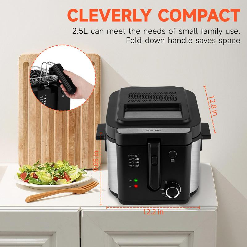 Susteas 1500W Electric Fryer with Removable Lid – Choose 1.5L or 2.5L Capacity, Adjustable Temp Control, Fast Heating & Easy-Clean Non-Stick Pot. Perfect for Kitchen Cooking!