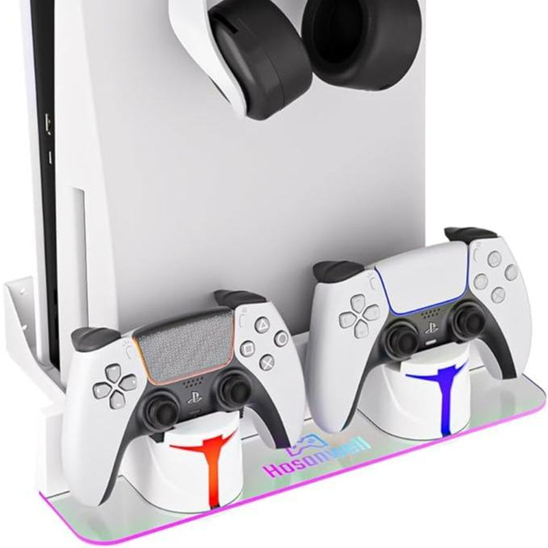 Hosanwell PS5 Universal Wall Mount Kit with Charging Station, Compatible with PS5 Pro and PS5 Slim Disc, PS5 Digital Edition, PS5 Normal Version, Dual Purpose Charging Station with Multi-Mode RGB Light, White, Amazon Best Seller
