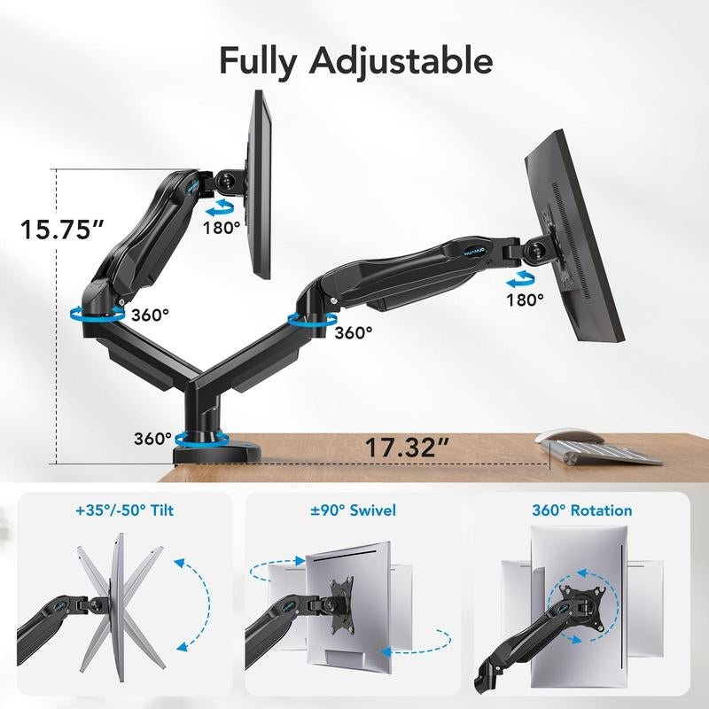 HUANUO Gas Spring Monitor Arm Mount for Gaming & Office, Supports Monitors Max 32" Ultrawide, C-Clamp & Grommet Mounting Single/Dual Arm Monitor Arm Adjustable Arm Height Desk Mount