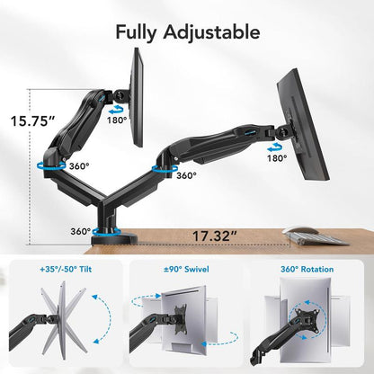 HUANUO Gas Spring Monitor Arm Mount for Gaming & Office, Supports Monitors Max 32" Ultrawide, C-Clamp & Grommet Mounting Single/Dual Arm Monitor Arm Adjustable Arm Height Desk Mount