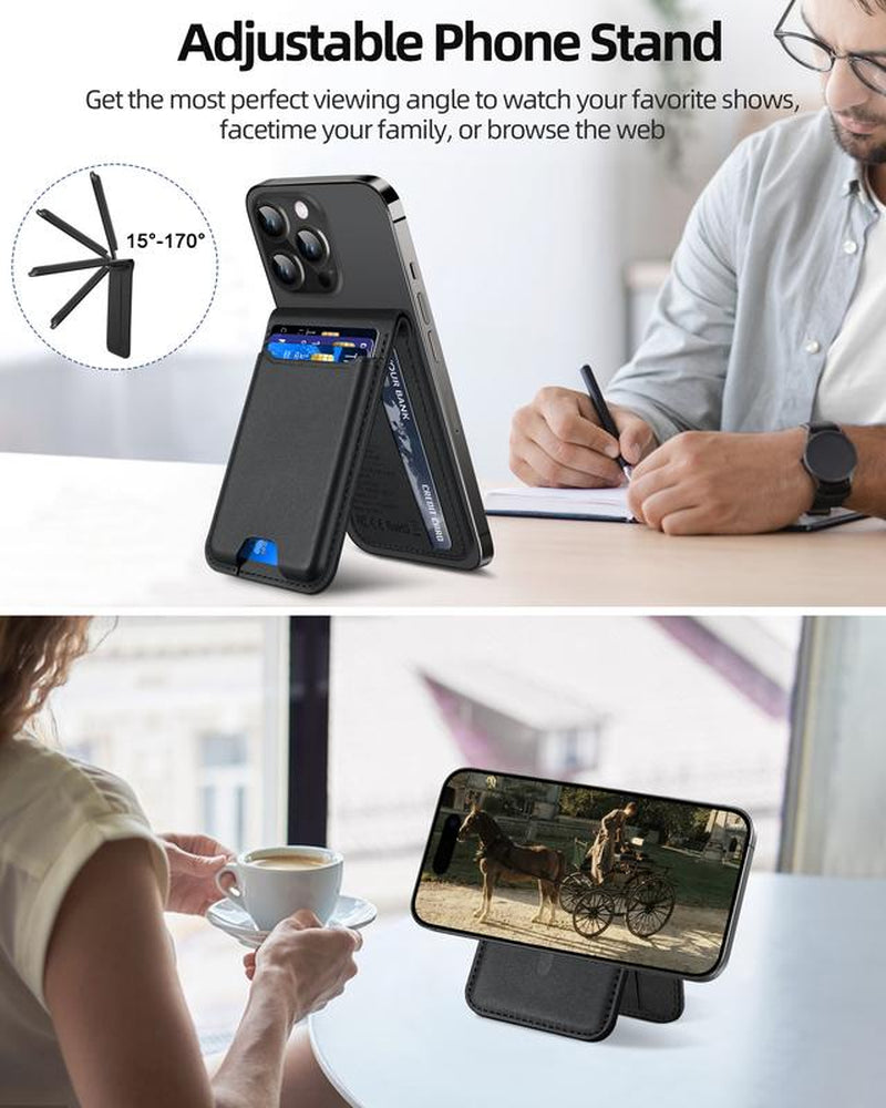 Magntic Wallet for Iphone, Works with Find My, Strongest Magnetic Wallet for Phone Wallet with Adjustable Stand, Wallet Tracker, 6 Cards Holder, Vegan Leather, Black Phone Wallet Camera Blue Smartphone Cellphone