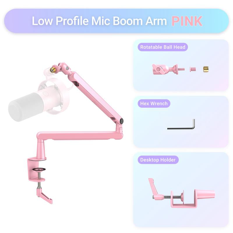 FIFINE Low Profile Podcast Microphone Stand, BM88 Gaming Mic Boom Arm with Desk Mount, Cable Channels Management, Adjustable Metal Boom Arm White for Recording/Streaming/Gaming/Home Office
