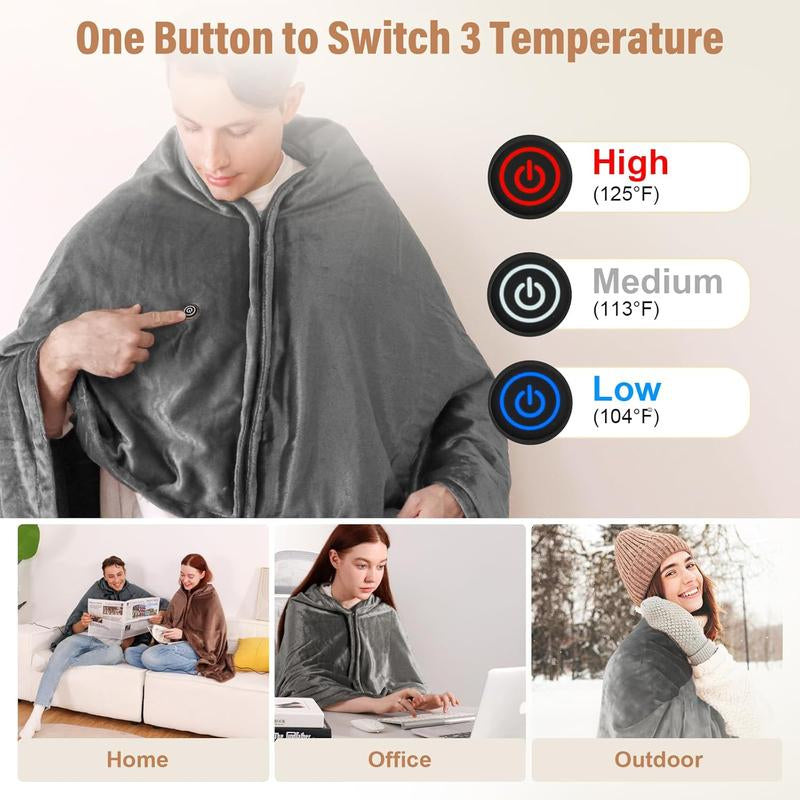 Portable USB Heated Blanket Shawl - 63'' X 33.5'' Wearable Electric Throw with 20000Mah Battery Pack | Adjustable 3 Heating Levels & Fast Heating | Machine Washable Dual-Sided Velvet Soft Wrap for Indoor/Outdoor Use at Home/Office/Travel