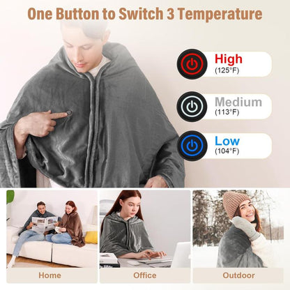 Portable USB Heated Blanket Shawl - 63'' X 33.5'' Wearable Electric Throw with 20000Mah Battery Pack | Adjustable 3 Heating Levels & Fast Heating | Machine Washable Dual-Sided Velvet Soft Wrap for Indoor/Outdoor Use at Home/Office/Travel