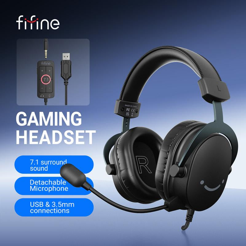 FIFINE H9 PC Gaming Headset, USB Gamer Headset with 7.1 Surround Sound, Detachable Microphone, Control Box, 3.5Mm Headphones Jack, Over-Ear Wired Headset for Ps5/Xbox/Switch