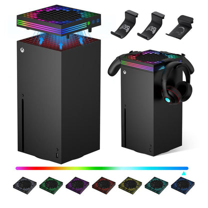 Cooling Fan for Xbox Series X with RGB Light Strip & 3 Detachable Hooks, Wiilkac 4 in 1 Top Fan Cooling System with Built-In Dust Filter, 3 Level Adjustable Speed Fan Cooler & Independent Fan Switch Accessories Console Smartphone