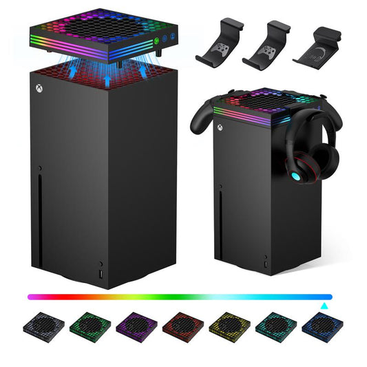 Cooling Fan for Xbox Series X with RGB Light Strip & 3 Detachable Hooks, Wiilkac 4 in 1 Top Fan Cooling System with Built-In Dust Filter, 3 Level Adjustable Speed Fan Cooler & Independent Fan Switch Accessories Console Smartphone