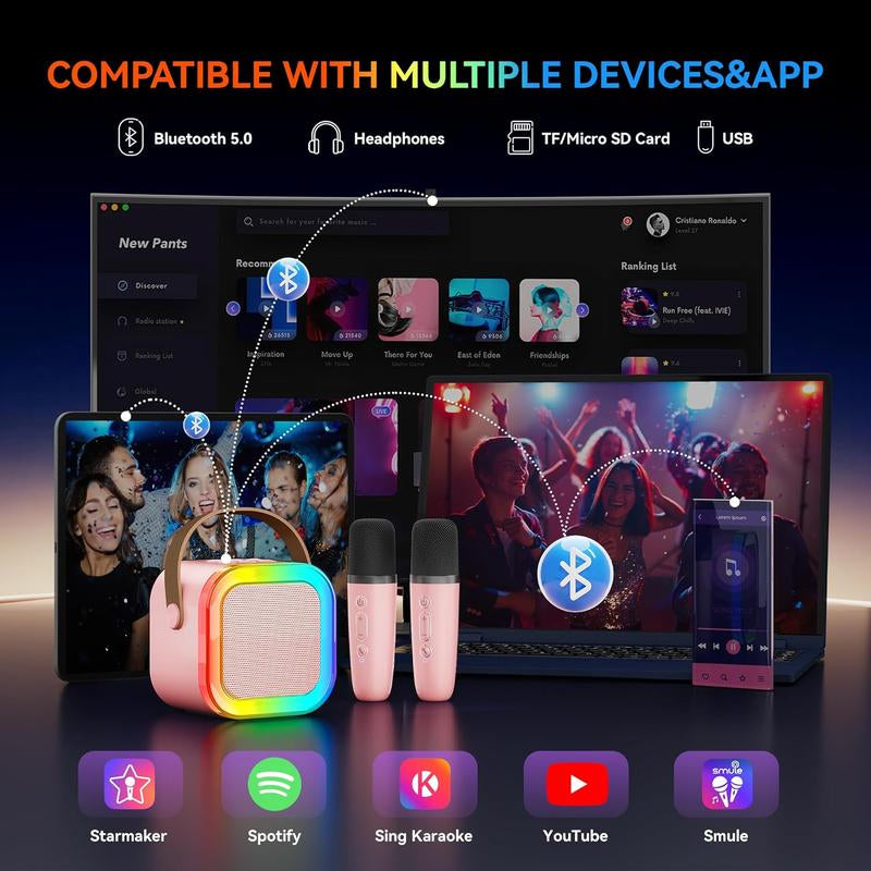 Mini Bluetooth Karaoke Machine, Portable Speaker with 2 Wireless Microphones, Gift for Girls Boys Aged 4,5,6,7,8,9,10,12,14+, Birthday Party & Funny Gift & Toddler Girl Stuff