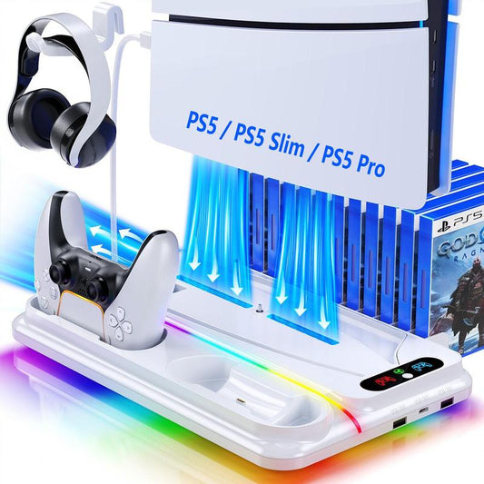 Ponkor PS5 Cooling and Charging Dock, Compatible with Playstation 5 Standard, Slim and Pro Consoles (Disc & Digital), Featuring Dual PS5 Controller Charger, Adjustable 3-Speed Cooling Fan, 8 Modes Dynamic RGB Lighting, Headset Hook & 3 USB Hubs