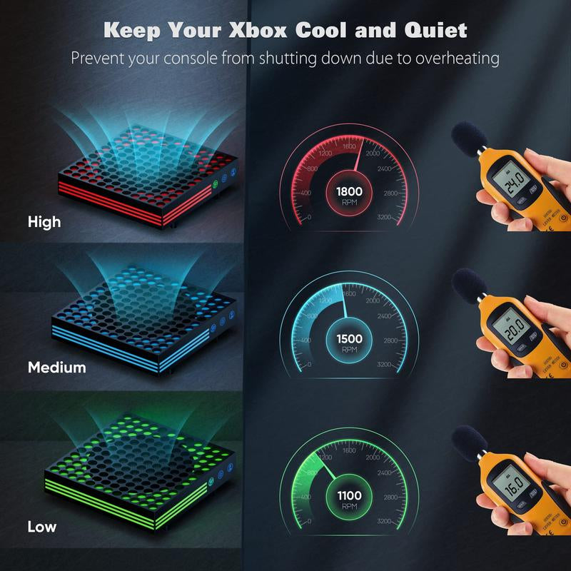 Cooling Fan for Xbox Series X with RGB Light Strip & 3 Detachable Hooks, Wiilkac 4 in 1 Top Fan Cooling System with Built-In Dust Filter, 3 Level Adjustable Speed Fan Cooler & Independent Fan Switch Accessories Console Smartphone