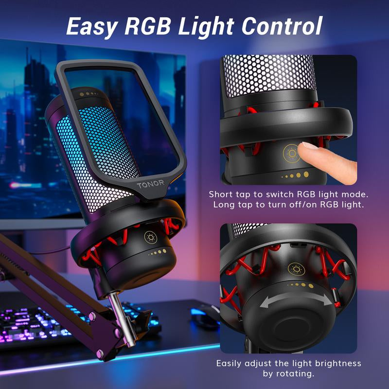 TONOR TC310 Gaming USB Microphone Set with Boom Arm, RGB Lighting, Pop Filter, Quick Mute, Shock Mount & Gain Control for PC PS4/PS5
