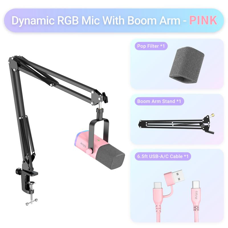FIFINE AM8 XLR/USB Gaming Microphone with Boom Arm Stand, Dynamic PC Mic for Streaming Podcasting, Computer RGB Mic Kit, Mute Button, Headphones Jack, for Recording Vocal Voice-Over Audio, for Smartphone
