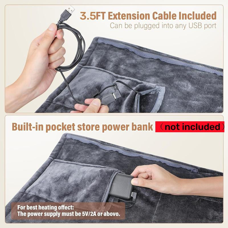 Portable USB Heated Blanket Shawl - 63'' X 33.5'' Wearable Electric Throw with 20000Mah Battery Pack | Adjustable 3 Heating Levels & Fast Heating | Machine Washable Dual-Sided Velvet Soft Wrap for Indoor/Outdoor Use at Home/Office/Travel