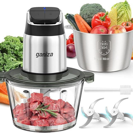 Big Promotion88Ganiza Food Processor, 2-Speed Food Chopper Meat Grinder with 8 Cup Stainless Steel & 8 Cup Glass Bowls, Upgraded Button & Smart Overheat Protection Light - Includes Clean Brush, 2 Sets of Blades