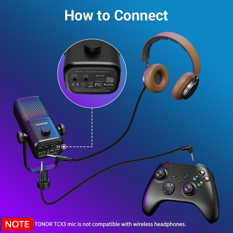 TONOR TCX3 Xbox Gaming Microphone - RGB Condenser Streaming Mic with Low Noise, Fast Charging, One Tap Mute, Compatible with Capture Card, 1.45 Pounds Cable Connection