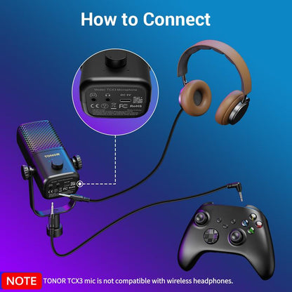 TONOR TCX3 Xbox Gaming Microphone - RGB Condenser Streaming Mic with Low Noise, Fast Charging, One Tap Mute, Compatible with Capture Card, 1.45 Pounds Cable Connection