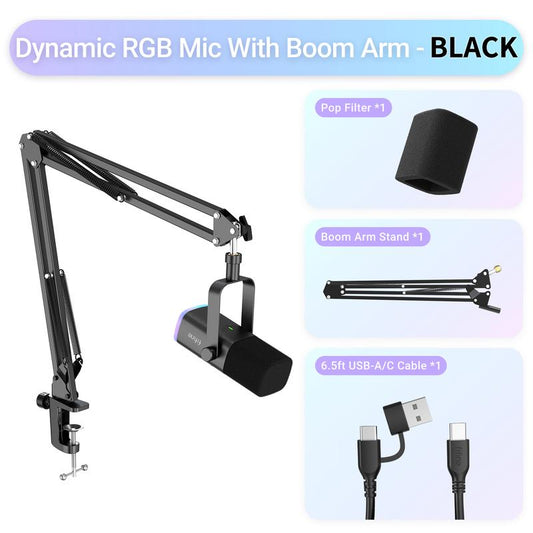 FIFINE AM8 XLR/USB Gaming Microphone with Boom Arm Stand, Dynamic PC Mic for Streaming Podcasting, Computer RGB Mic Kit, Mute Button, Headphones Jack, for Recording Vocal Voice-Over Audio, for Smartphone