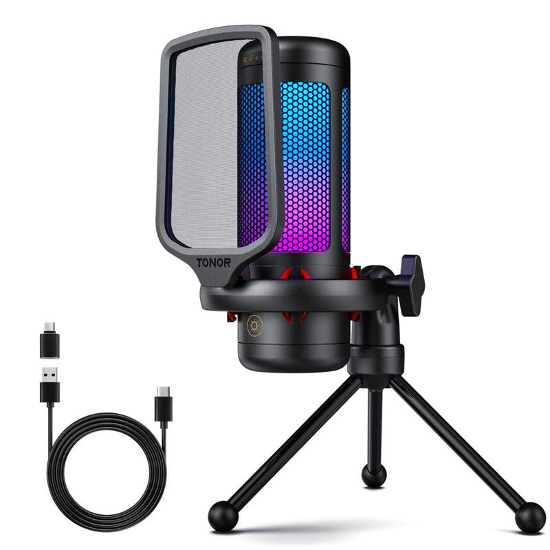 TONOR TC310 Gaming USB Microphone Set with Boom Arm, RGB Lighting, Pop Filter, Quick Mute, Shock Mount & Gain Control for PC PS4/PS5