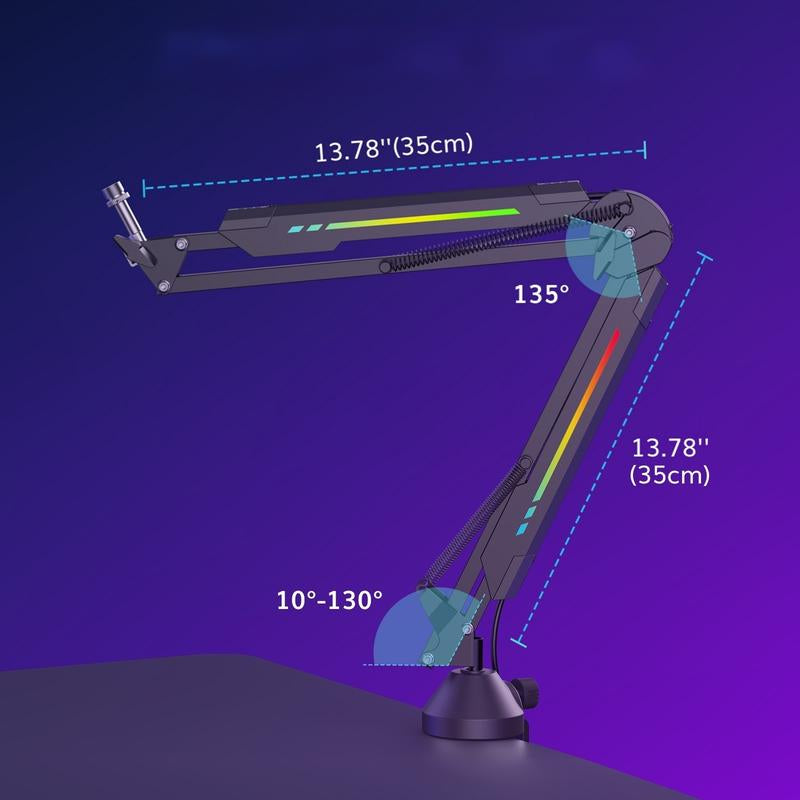 TONOR T90/T20S RGB Boom Arm, Adjustable Mic Stand with 11 Light Modes for Gaming, Streaming, Podcasting, and Recording, Durable Steel Usb Cable