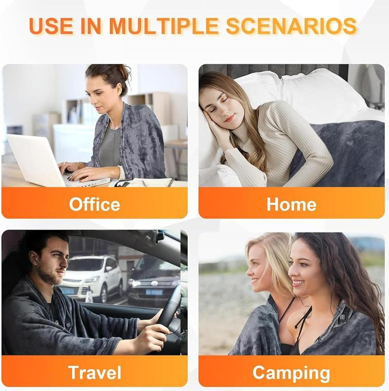 Portable USB Heated Blanket Shawl - 63'' X 33.5'' Wearable Electric Throw with 20000Mah Battery Pack | Adjustable 3 Heating Levels & Fast Heating | Machine Washable Dual-Sided Velvet Soft Wrap for Indoor/Outdoor Use at Home/Office/Travel